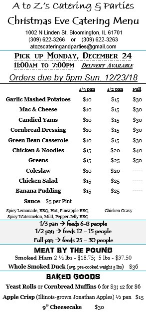 Meals this weekend and Christmas Eve Catering Menu – A to Z's Catering ...